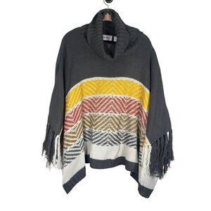 Retro Striped Knit Sweater Gray OS Fringe Western Poncho Shawl Chevron Chic Art
